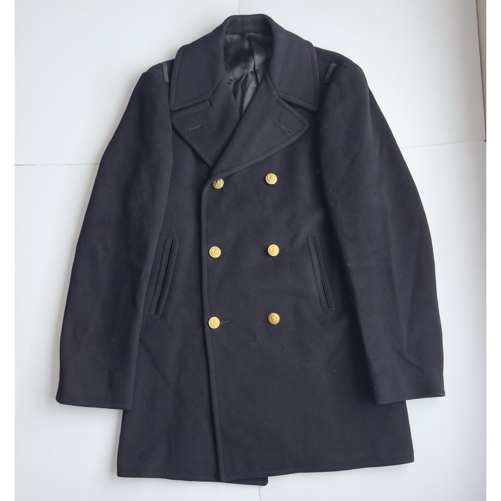 VTG U.S. Navy Mens Double Breasted 100% Wool Gold Button Peacoat Navy Blue 38XL - Picture 2 of 13